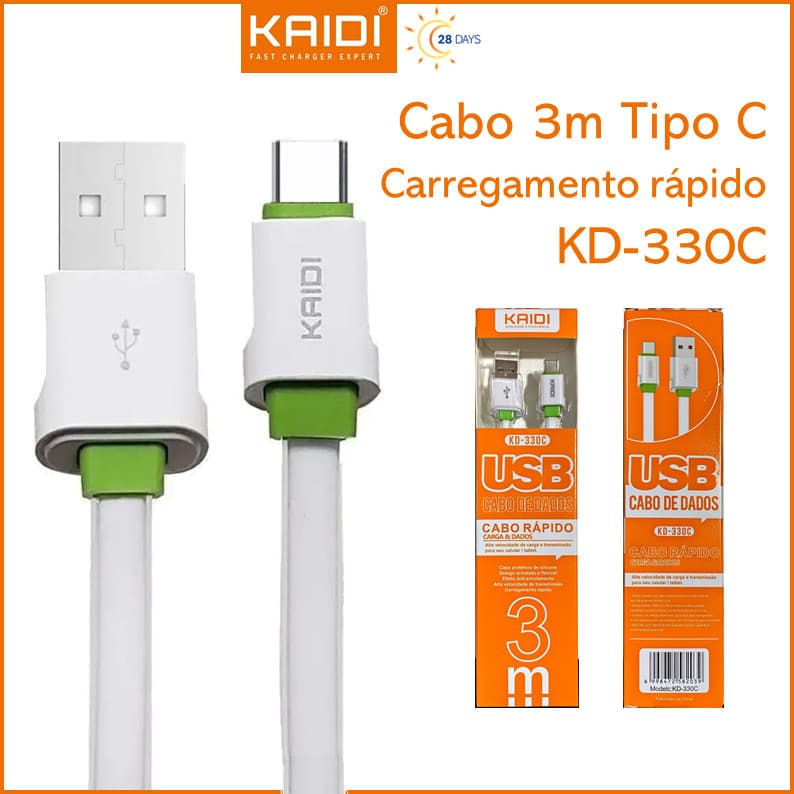Cabo para Celular de Carga e Dados Cabo Rápido Tipo C 3m metros Kaidi KD-330C