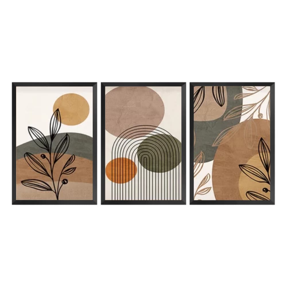 Kit 3 Quadros Plantas Formas Minimalista Sala 50x70 Moldura Preta