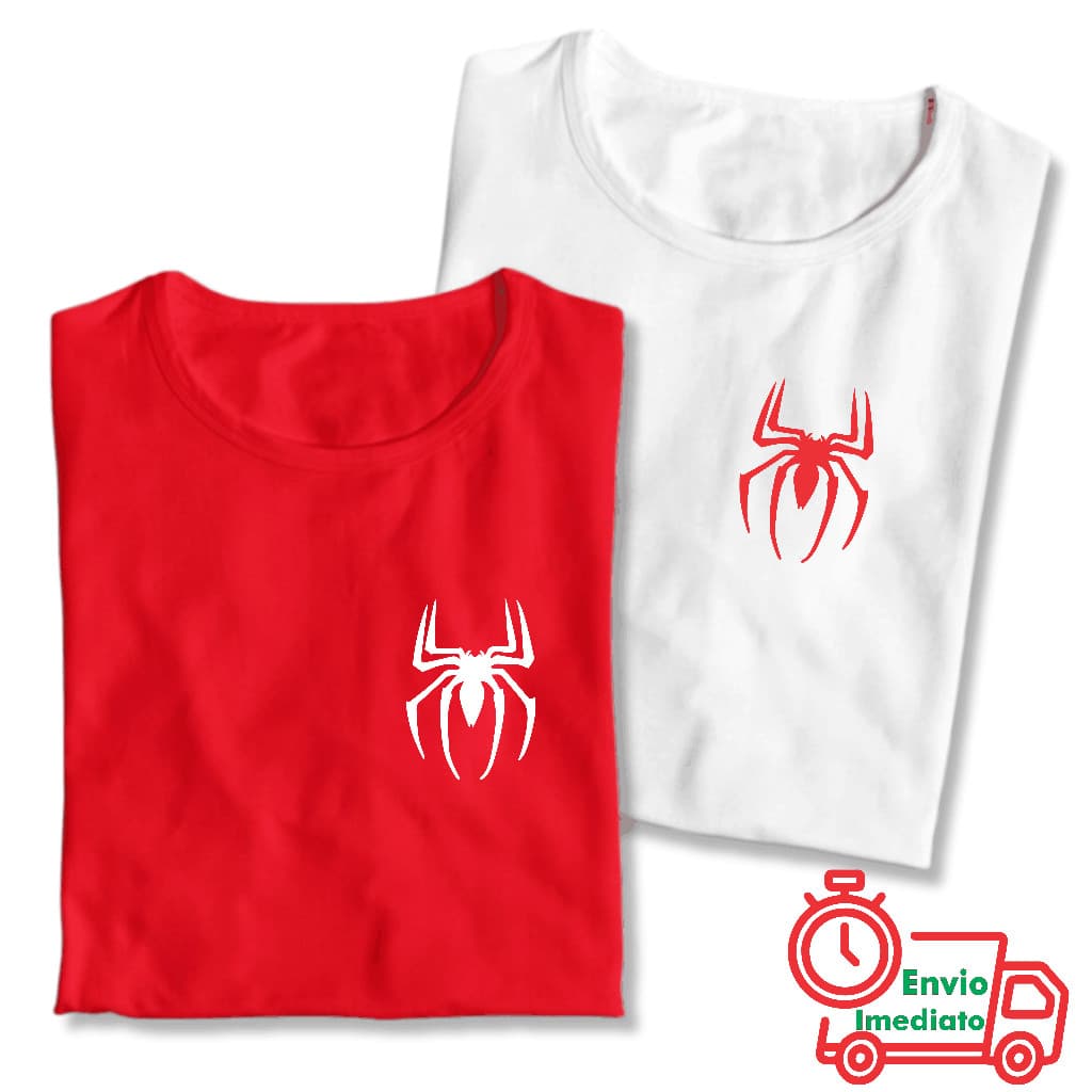 Kit 2 Camisetas Casal Opostos Aranha Vermelho e Branco 100% Algodão