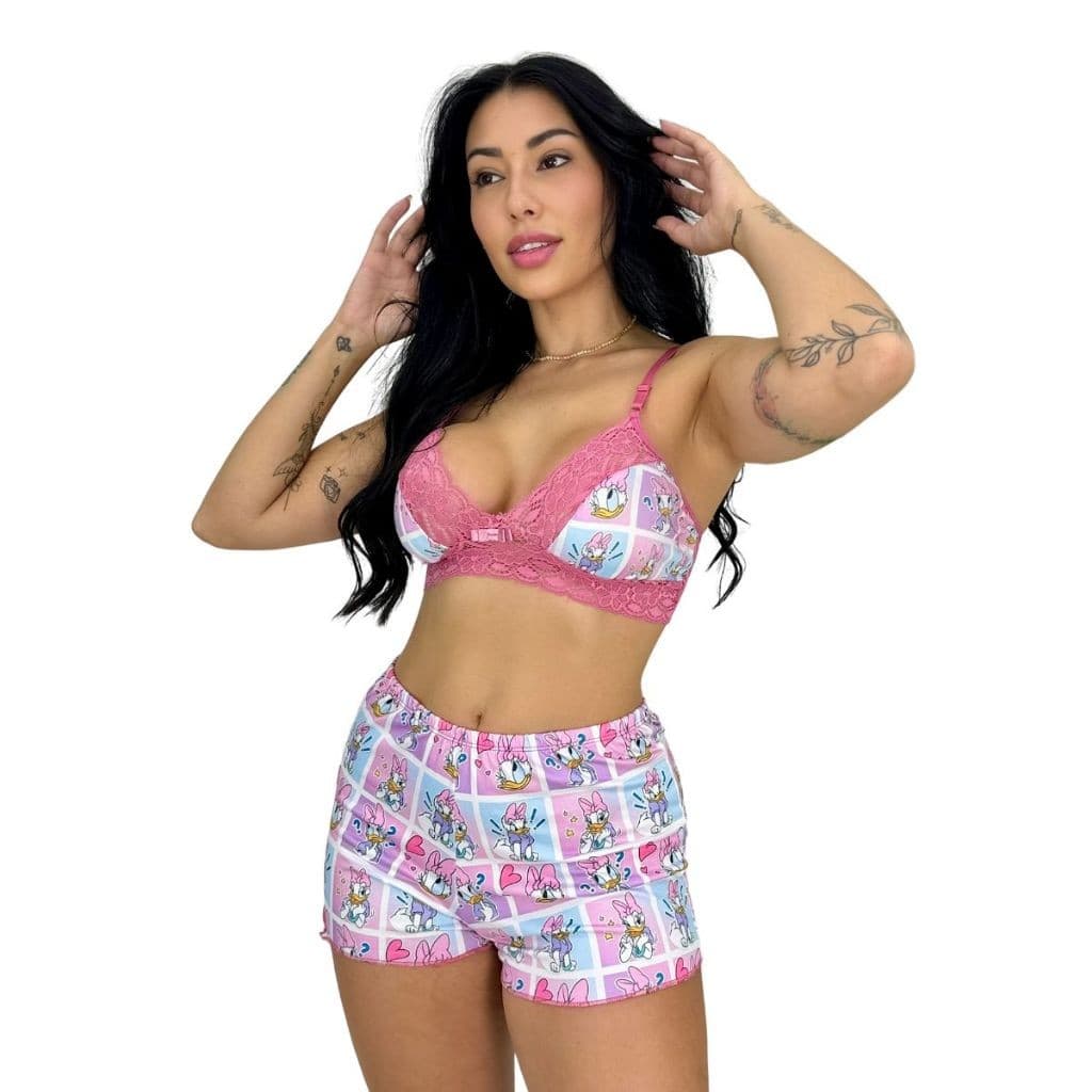 Baby Doll Pijama Feminino Short Estampado Cropped Renda Personagens Conjunto Dormir 644