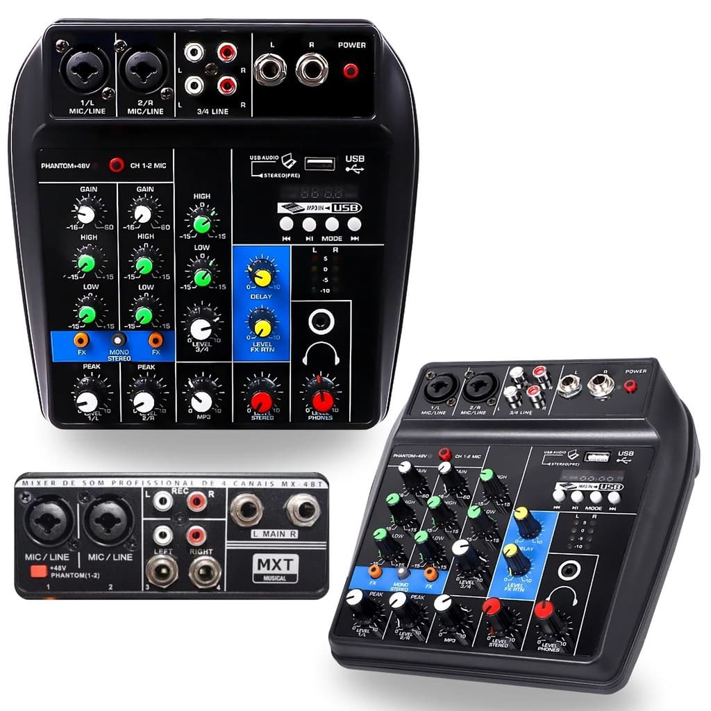 Console Mixer Mesa de Som 4 Canais Profissional Bluetooth Mp3 Usb Pendrive Phantom PodCast live dj