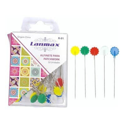 50 Alfinetes Cabeça Cores Patchwork Costura Aplique