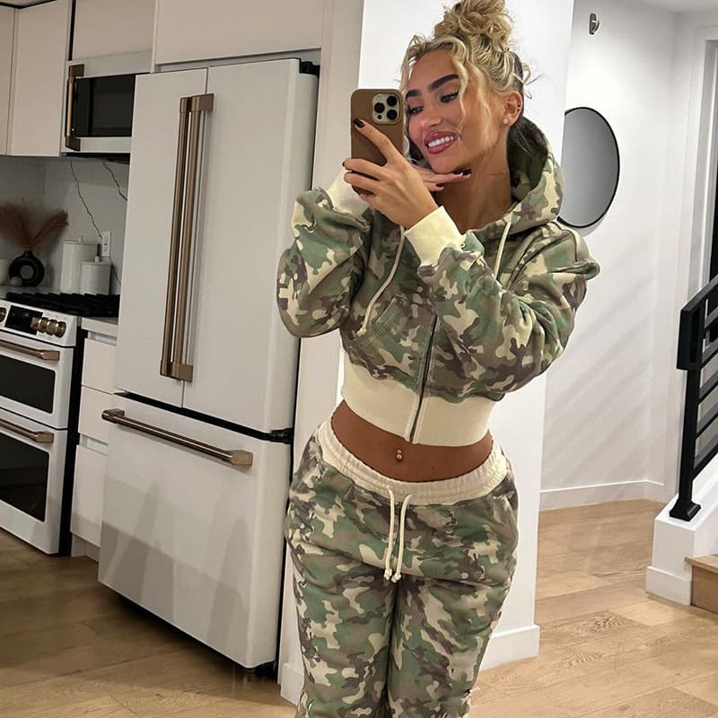Camuflagem Feminina Cintura Curta Manga Comprida Moletom E Conjunto Feminino Inverno