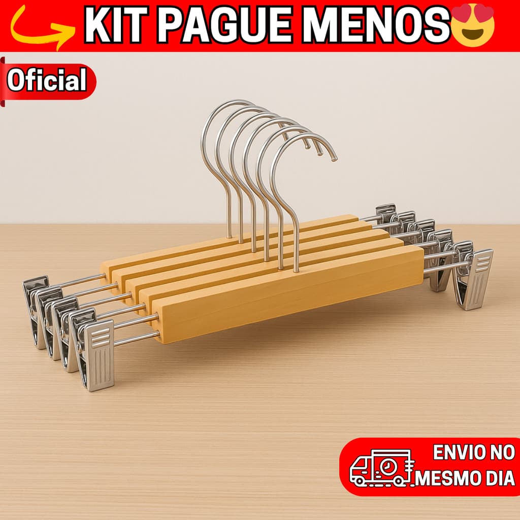 Kit 10~50 Cabides de madeira reta marfim natural com presilhas metal - 33cm