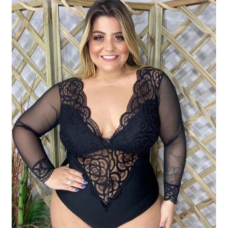 Body plus size luxo manga longa tule renda manga longa com bojo preto festa tule