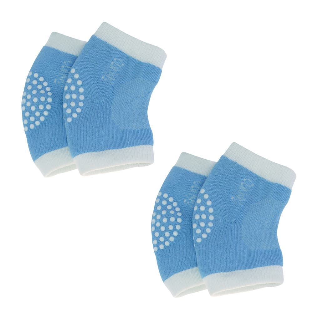 2x Joelheira Antiderrapante Clingo Azul/Branco - Proteção Confortável para o Bebê Engatinhar