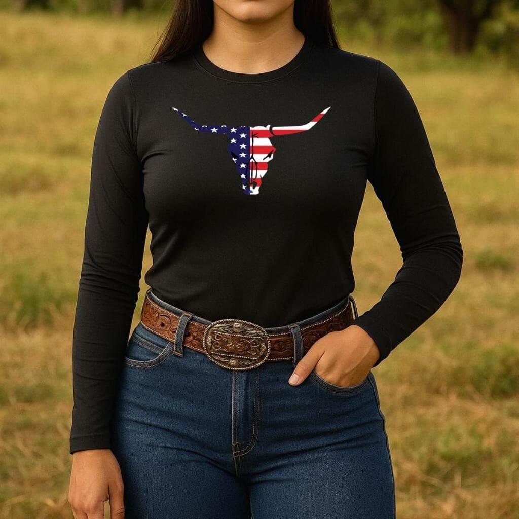 Camisa UV Feminina Country Boi Estados Unidos Manga Longa Proteção Solar Rodeio Sertanejo Western