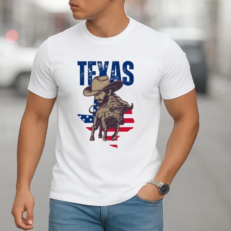 Camisa Masculina Algodão Camiseta Estilo Texas Cowboy Chapéu Rodeio Country Americana Estampada Agro