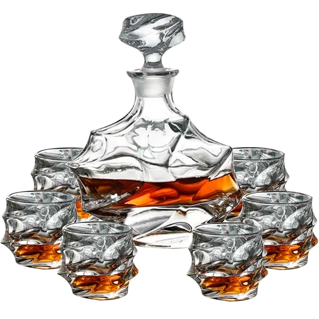 Garrafa Decanter Whisky Licor Conhaque Bourbon Design Norwich Conjunto com 6 Copos