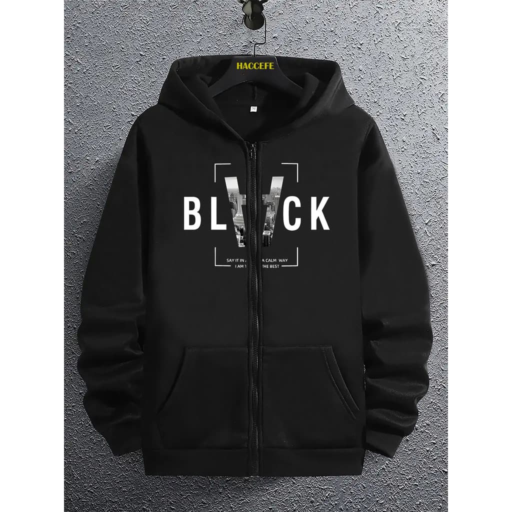 Moletom com capuz e ZIPER masculino preto com estampa "BLACK" e bolso canguru - Pulôver casual de manga comprida