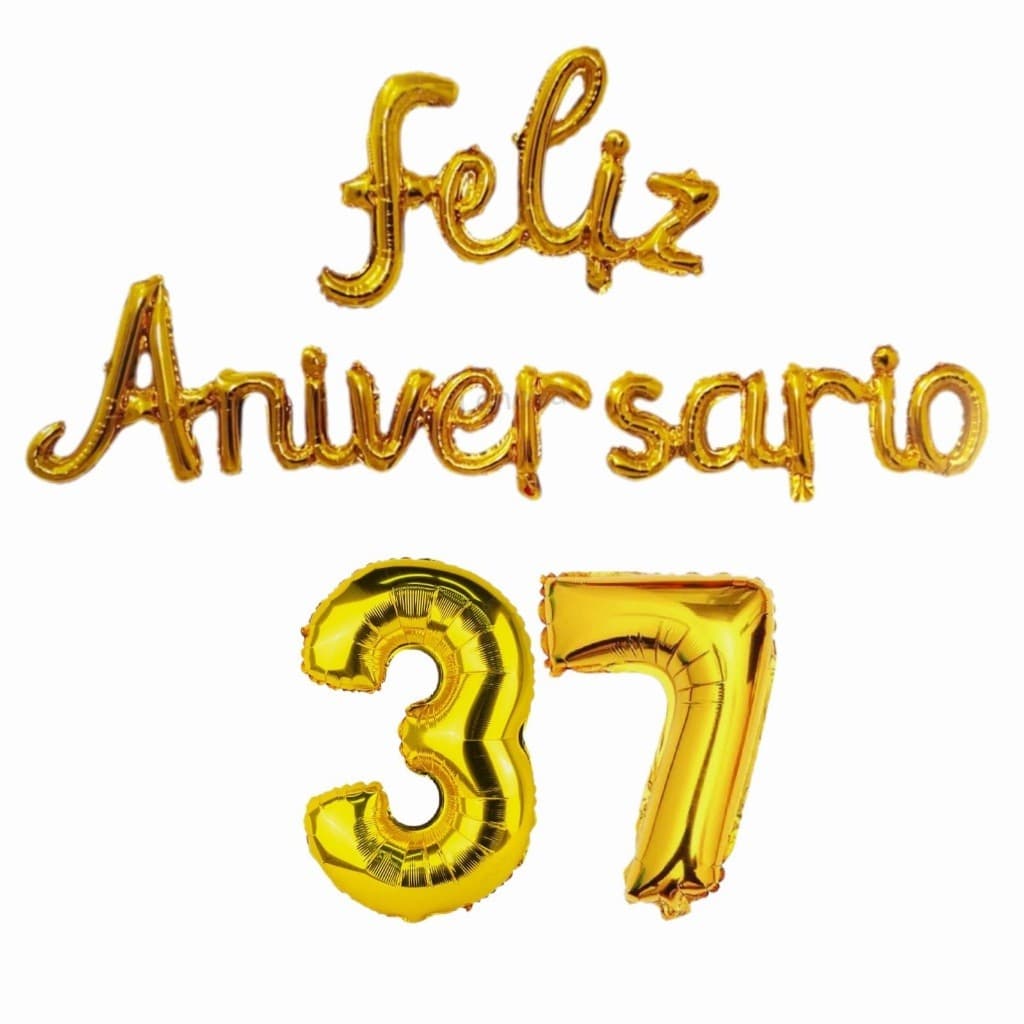 Kit Festa Balão Metalizado Dourado Faixa Feliz Aniversário + 2 Números Dourado 40 cm