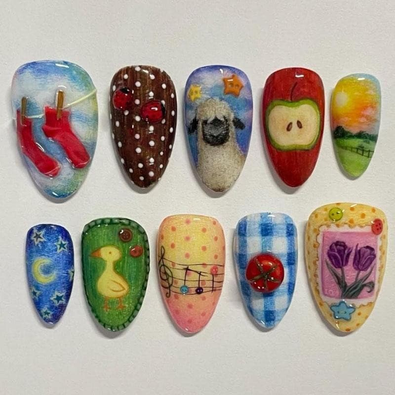 UR SUGAR 24 Pçs Amêndoa Unhas Falsas Dicas Conjuntos De Coloridas Com Pérola Flor Design Imprensa Em Arte Wearable