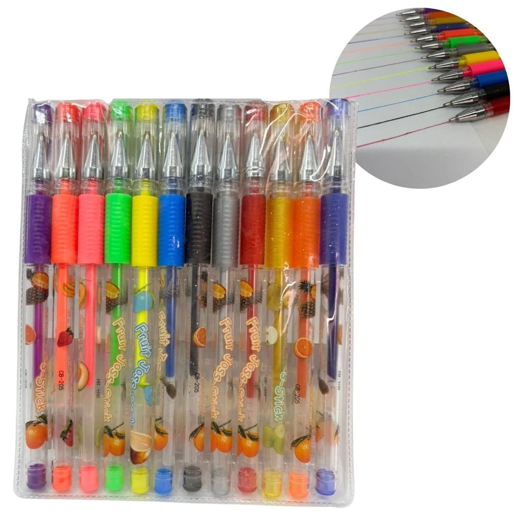 Kit 12 Canetas Coloridas com Glitter Estilo Frutas para Escola