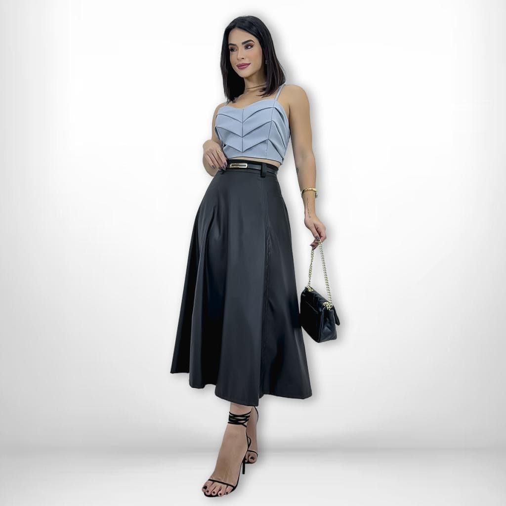 Saia Elegante Cintura Alta Rodada Midi Couro Godê Moda Evangélica Roupas Femininas Inverno