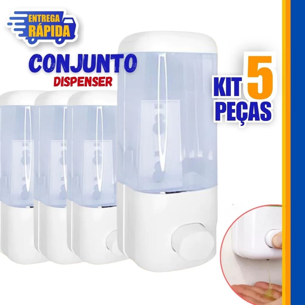 Conjunto de Dispenser de 5 a 2 unid  Saboneteira Sabonete Liquido Suporte Parede Com Reservatório