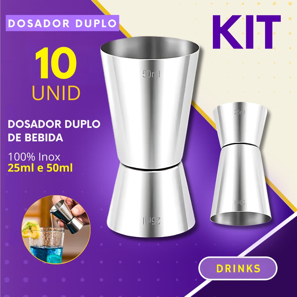 Kit 10- Dosador de Bebida Duplo para Drink Inox 25ml e 50ml Bar Drinks Bebidas Barman Caipirinha