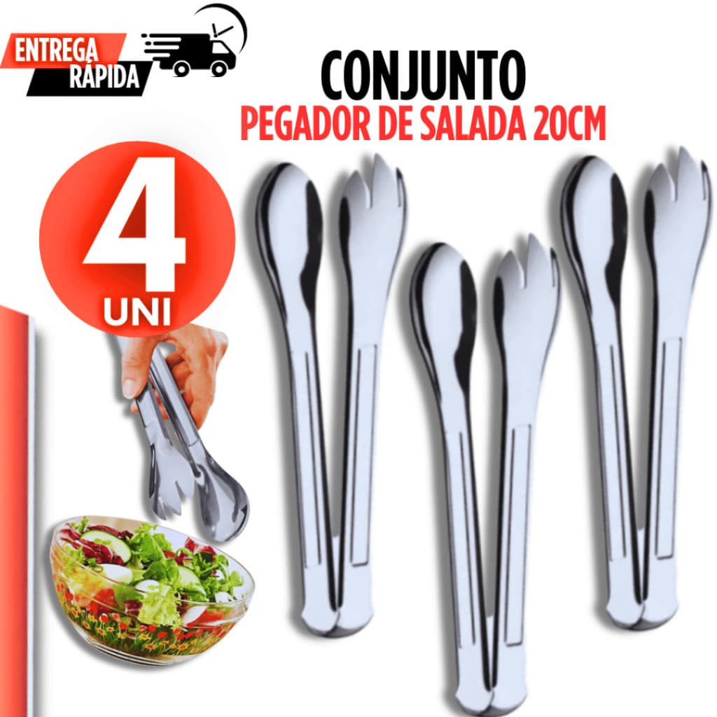 Kit 4 Pegador de Inox Multiuso de 20cm Cabo Longo em Aco Inox para Salada Carne Frutas Restaurante