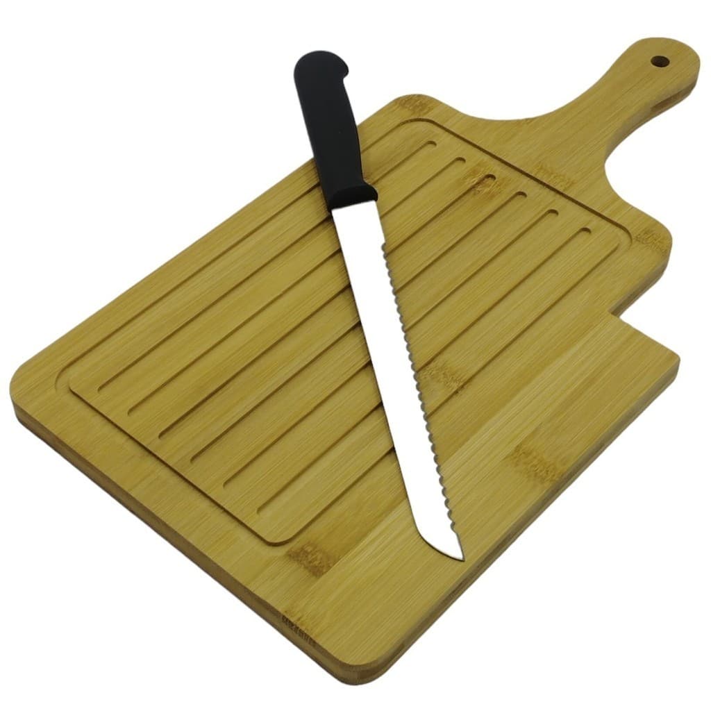 Tábua De Bambu Com Faca Embutida Corte De Pães Migalheira