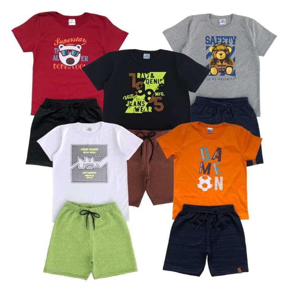 Conjunto Infantil Menino Verão Camiseta E Bermuda Com 5 Blusas E 5 Bermudas