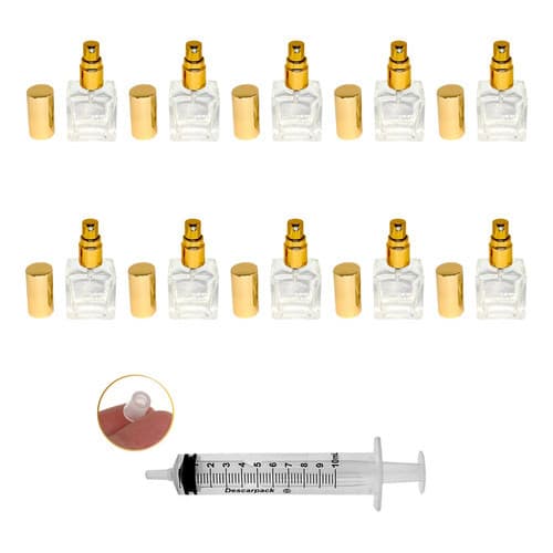 10 Frascos De Vidro 10ml Válvula Spray Dourada + Seringa Com Adaptador