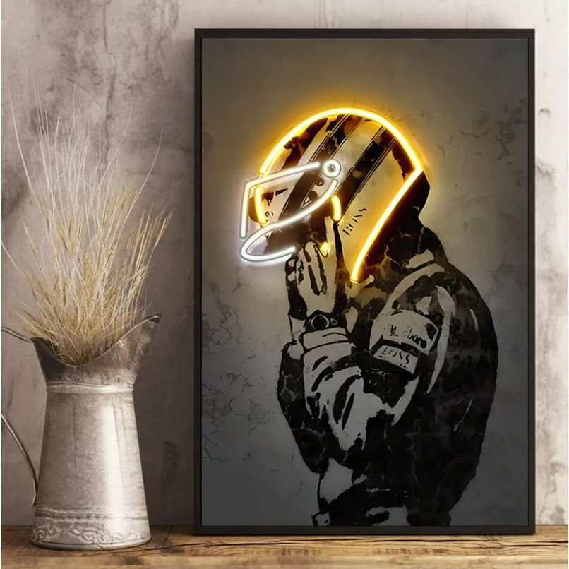 QUADRO TELA DECORATIVA 110X80 AYRTON SENNA F1 CORRIDA CAPACETE FORMULA 1 4K FULL HD PREMIUM