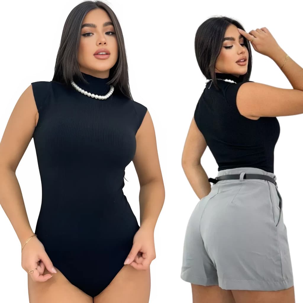 Body Feminino Gola Alta Anarruga Canelado Manguinha Blusinha Moda 2025