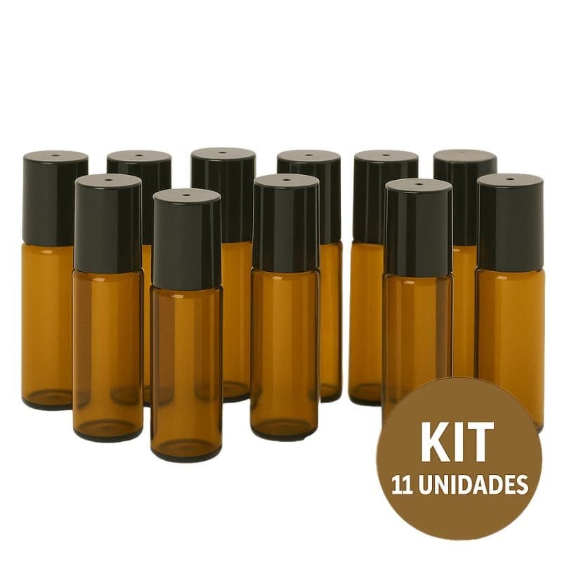 Kit 11 Frascos De Vidro Garrafinha Ambar Roll-on 5ml Com Tampa e Esfera em Inox