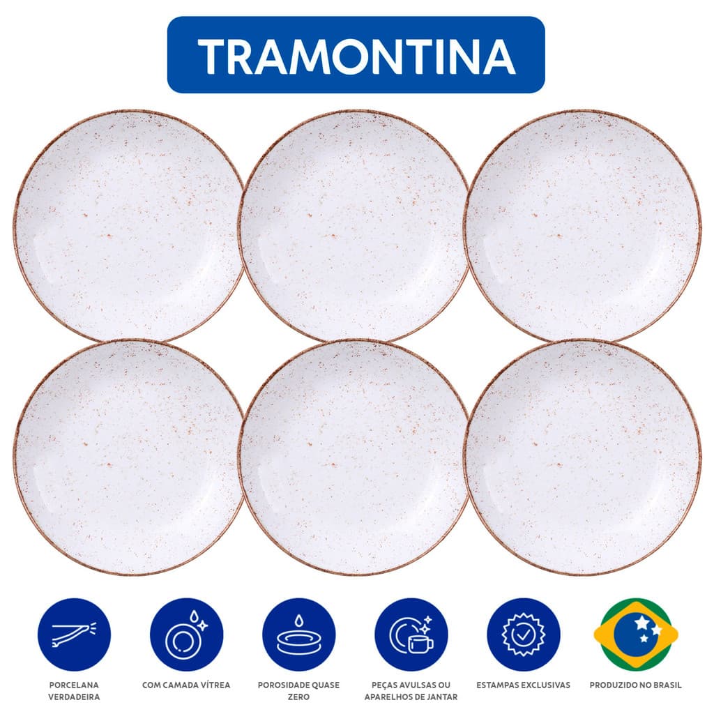 Conjunto De 6 Pratos Fundo Porcelana Rustico Tramontina 22cm