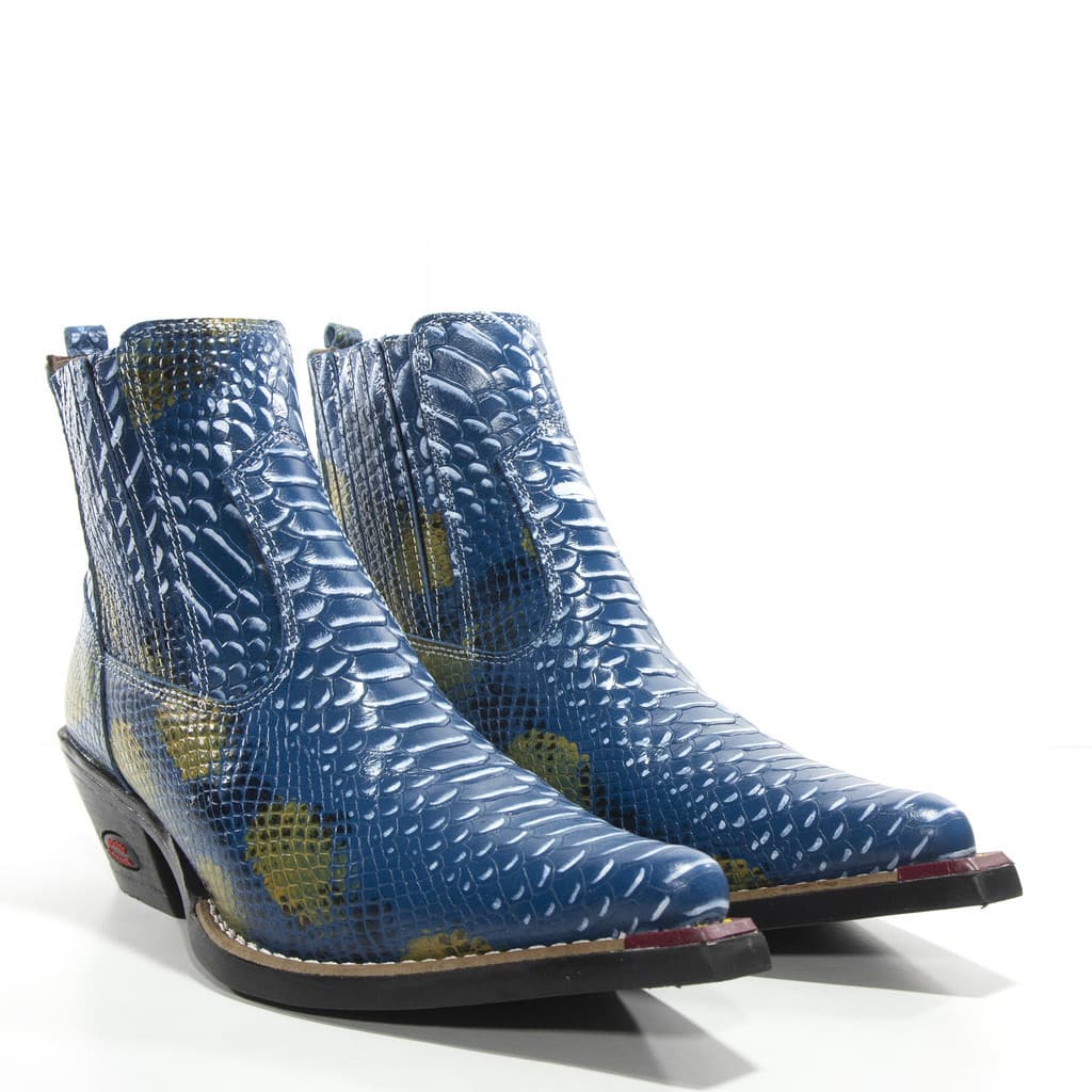 Botina Bota Butina Jacaré Azul Country Couro Bovino Premium Elástico Lateral Confortável e Durável