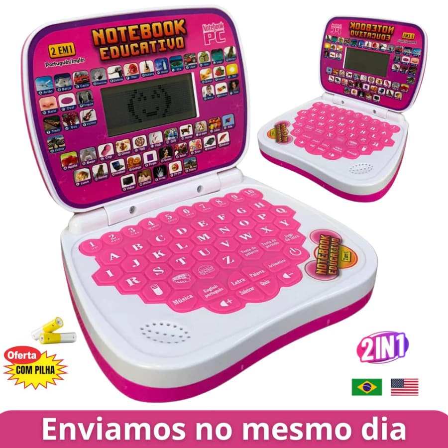 Laptop Infantil Rosa Educativo 2 em 1 Inglês e Português Computador Notebook Interativo