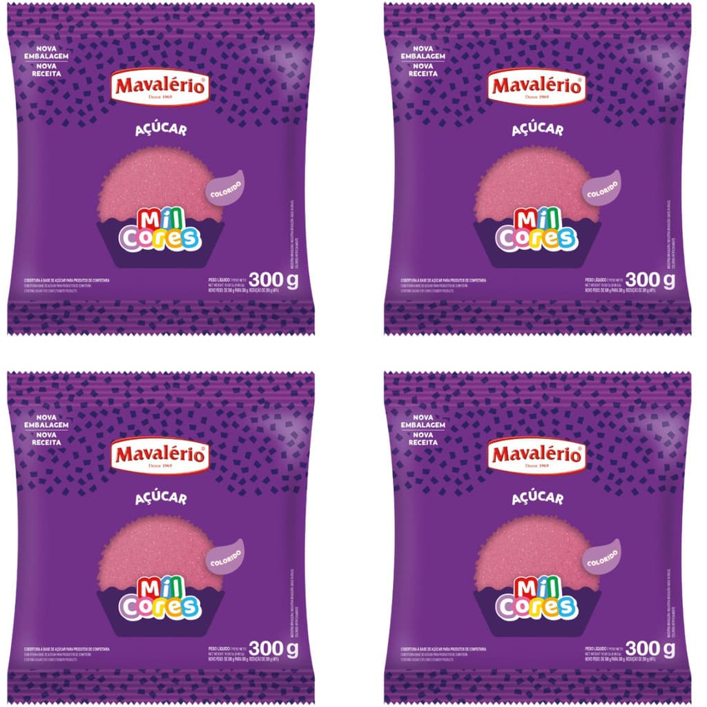 Kit C/ 4 Açúcar Colorido Rosa Mil Cores 300g - Mavalério.