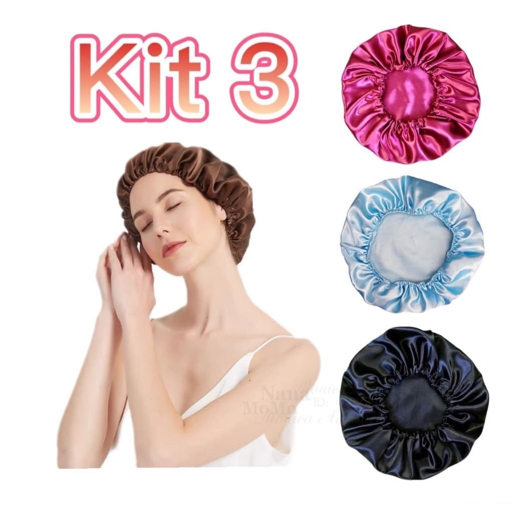 Kit 3 Unidades Toucas de Cetim Antifrizz Tamanho Único Cores Sortidas – Proteção Capilar e Sono Para Cabelos Cacheados