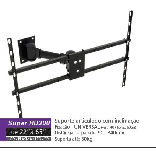 SUPER HD 300 multivisao Suporte BiArticulado com inclinação para TV LCD/LED de 40 a 75 Pol