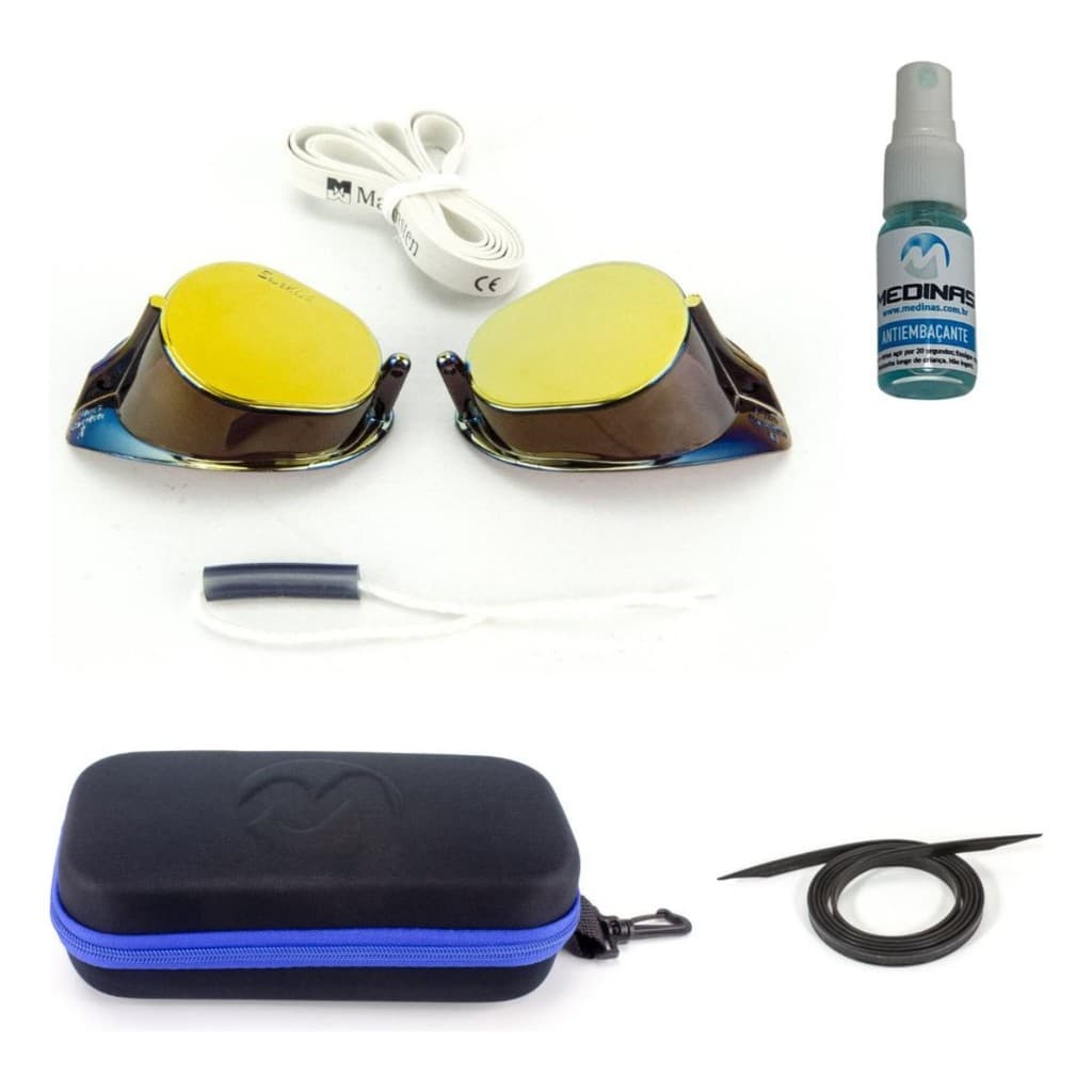 Kit Óculos de Natação Malmsten Original Sueco Espelhado+ Estojo Medinas + Tira Silicone + Spray AntiFog