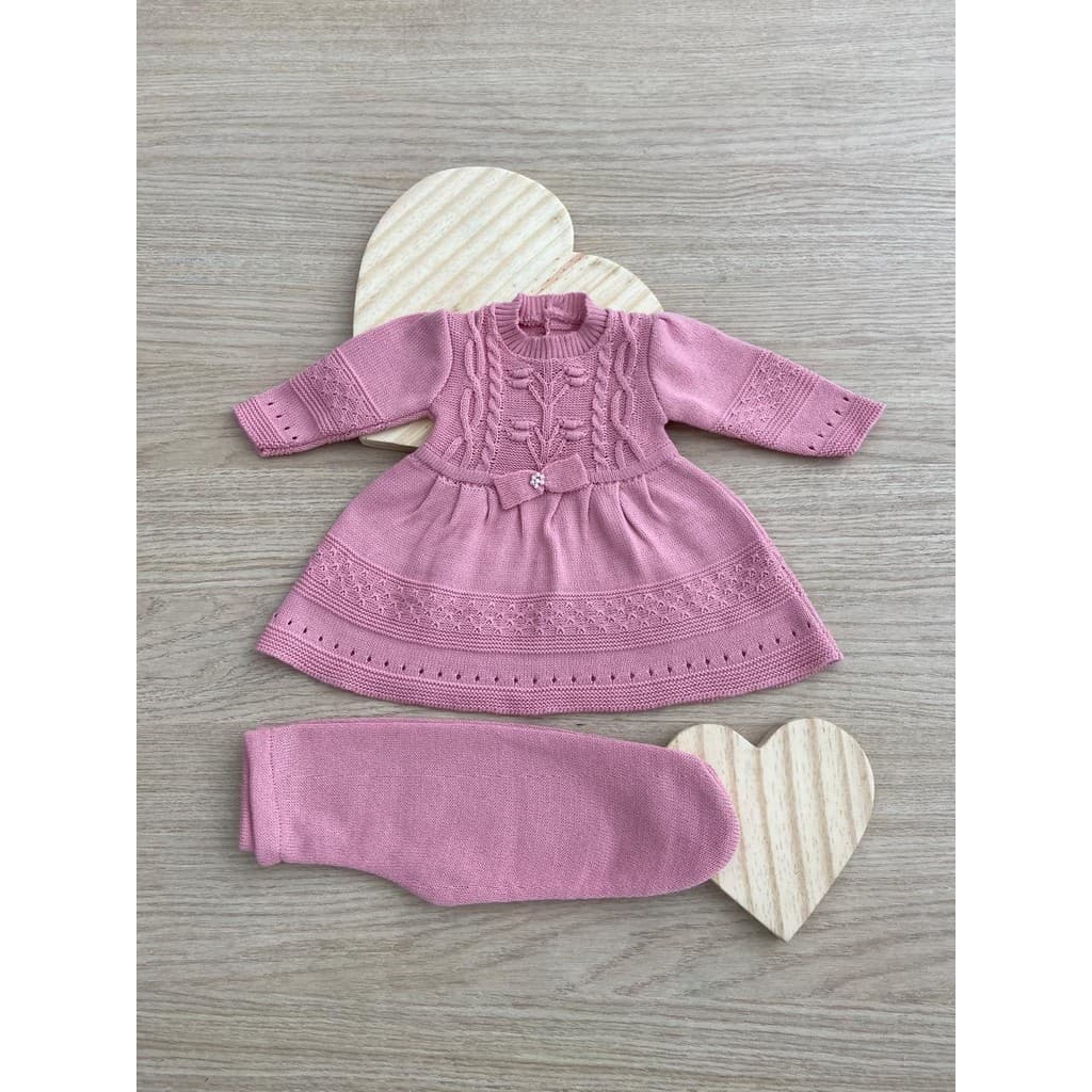 Conjunto Vestido Calça Récem Nascido Bebê Menina Tricô infantil Tricot RN