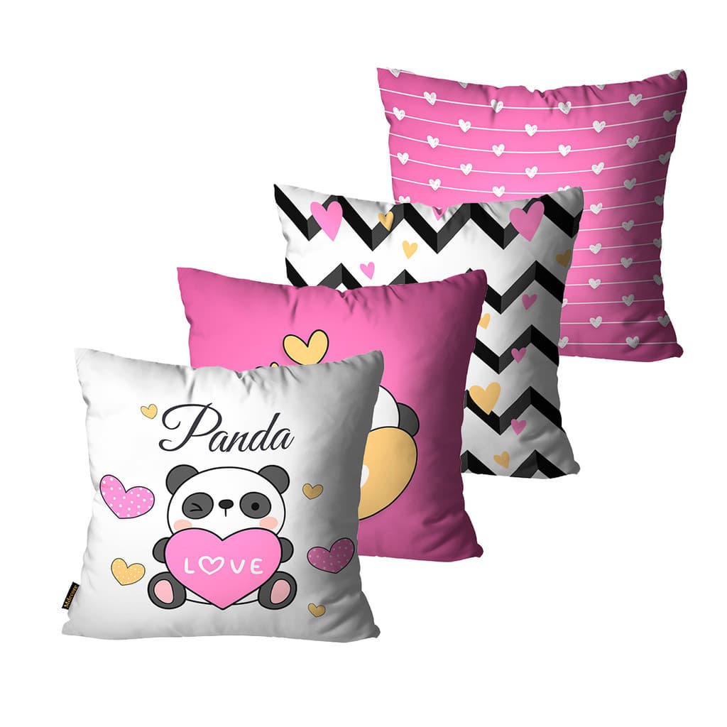 Kit com 4 Capas para Almofadas Panda Rosa Coração 45x45