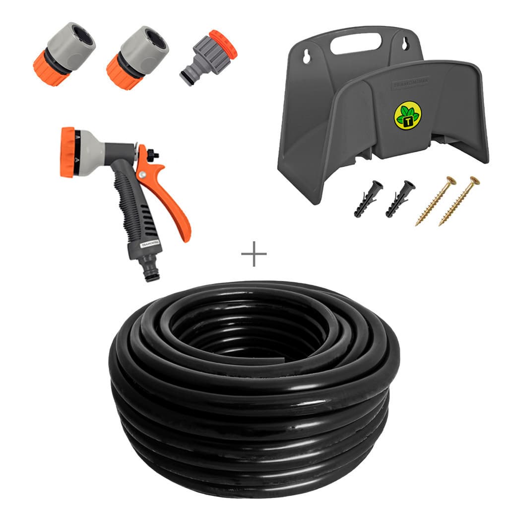 Kit Mangueira Siliconada Preta 50m Esguicho, Engate Rapido Esguicho 6 Jatos e Suporte Tramontina