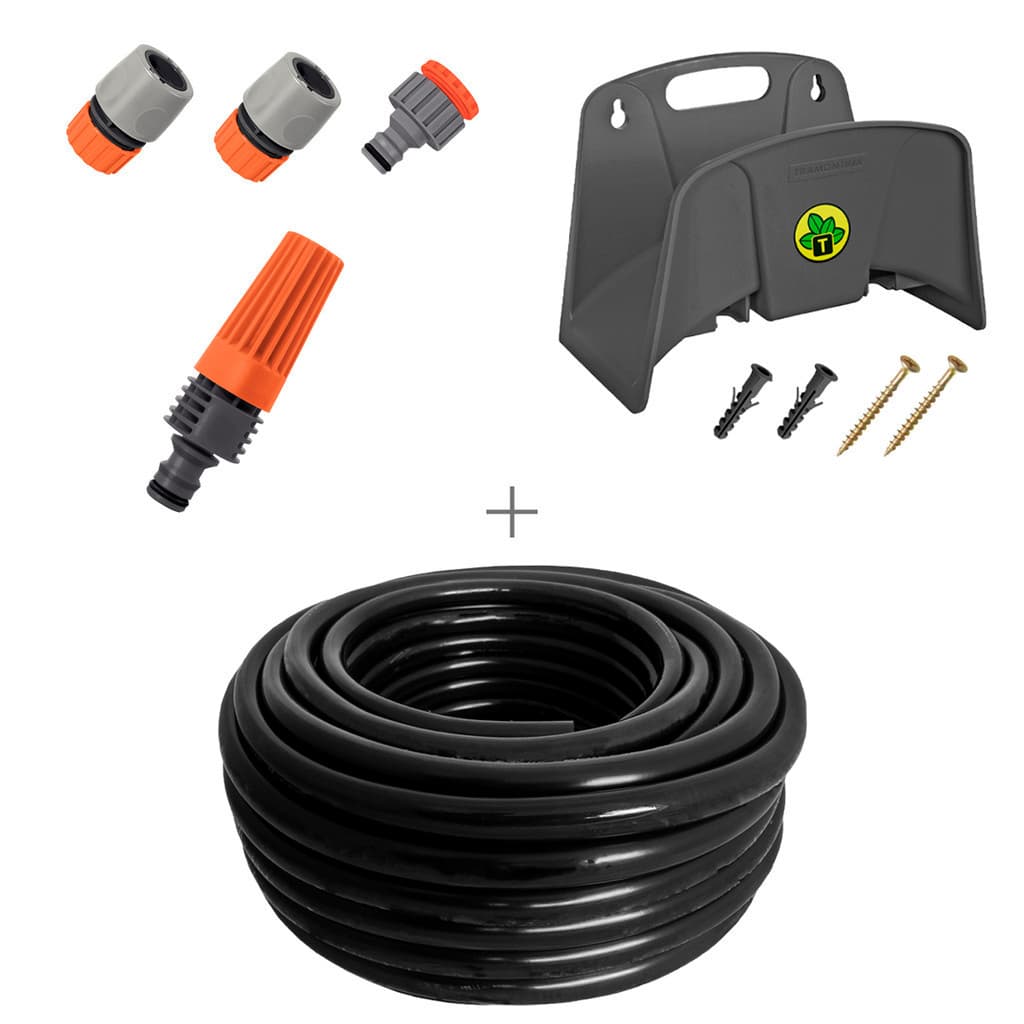 Kit Mangueira Siliconada Preta 50m Esguicho, Engate Rapido Esguicho Engate Rapido e Suporte Tramontina