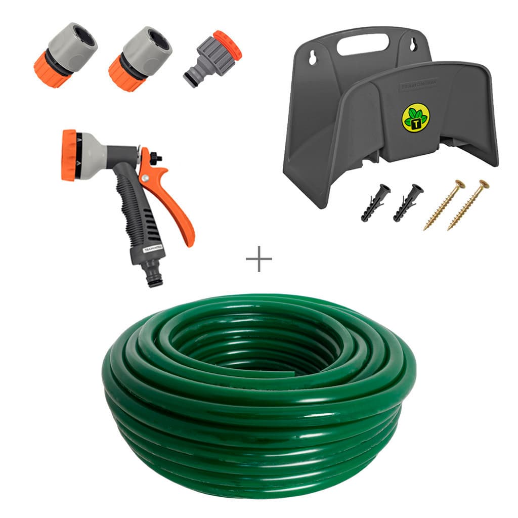 Kit Mangueira Siliconada Verde 50m Esguicho, Engate Rapido Esguicho 6 Jatos e Suporte Tramontina