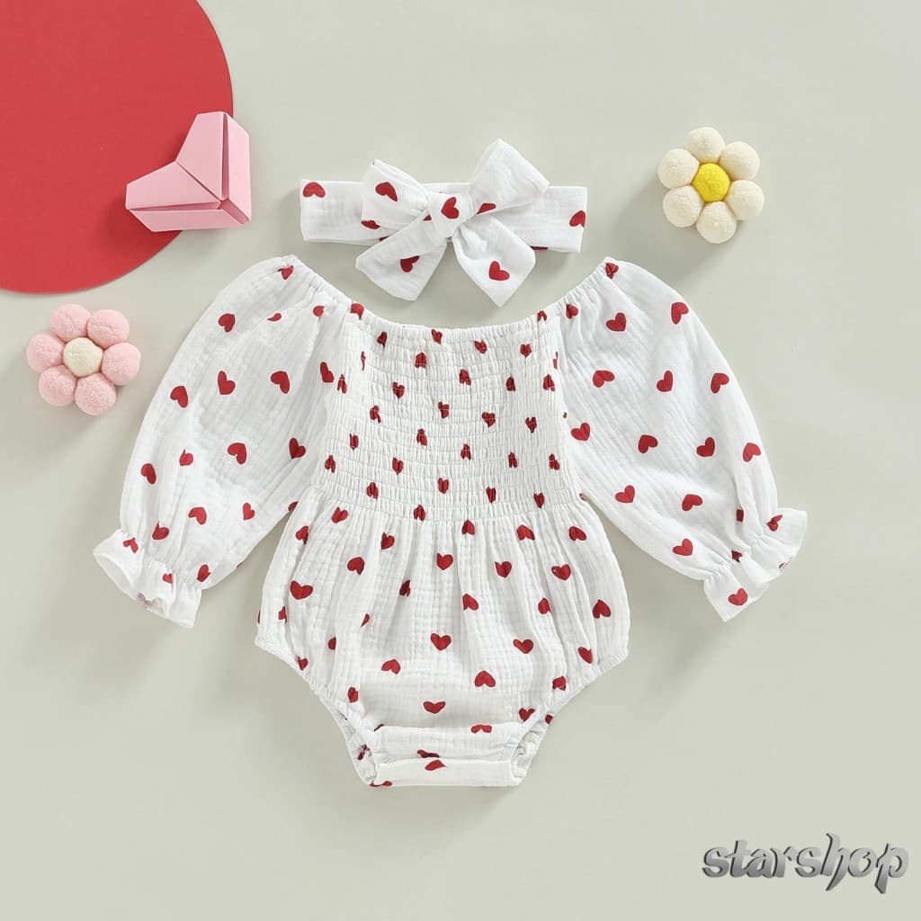 Starshop-Baby Girls Dia Dos Namorados Romper Heart Print Fatos De Pescoço De Manga Longa Para Bebês Outono Inverno Corpo Com Fita De Cabeça
