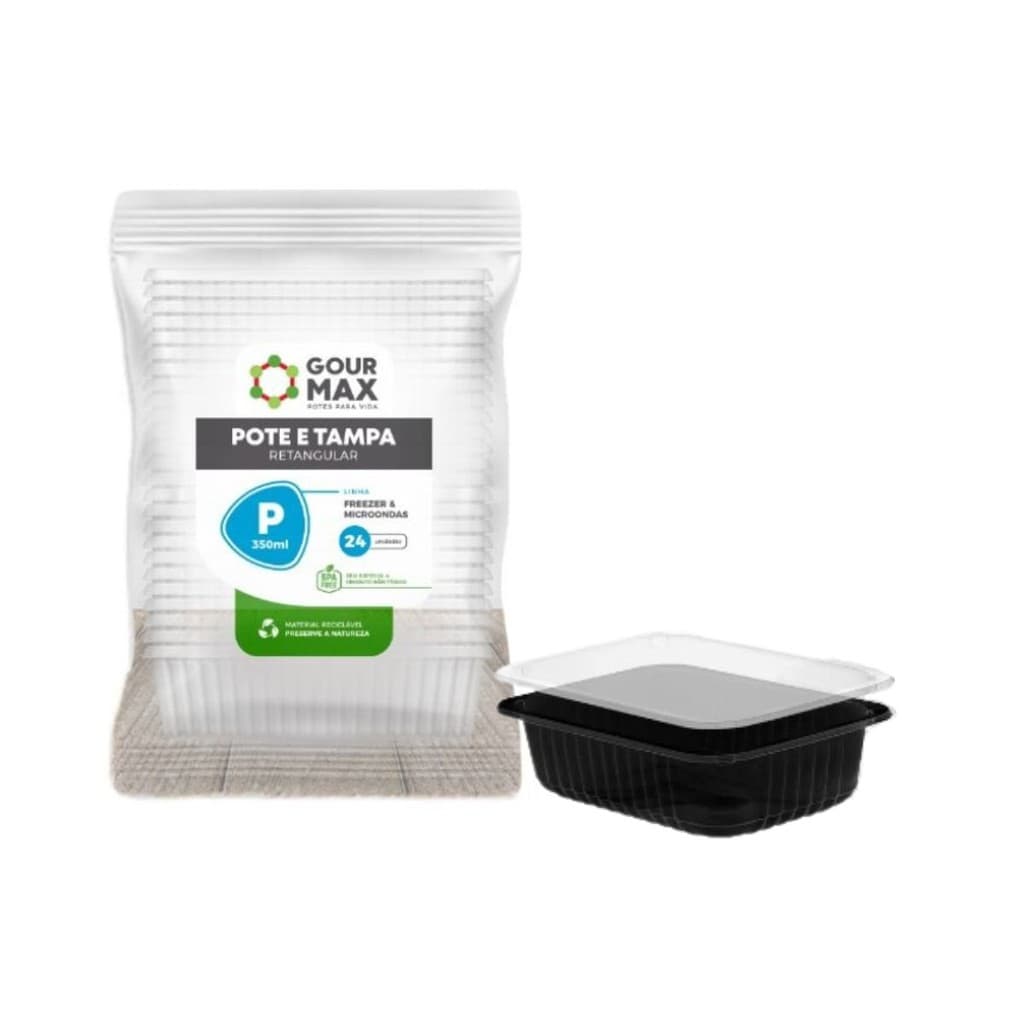 Kit Pote Preto 24un 350ml Descartável Marmita Microondas Freezer Fitness C/ Tampa Retangular