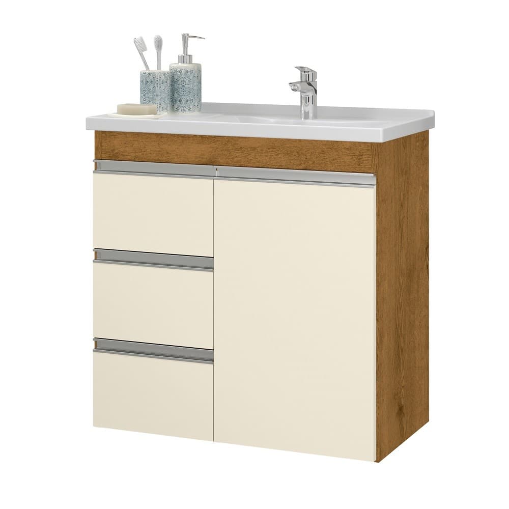 Gabinete Com Pia Para Banheiro Com 03 Gavetas Malibu DE parede suspenso - Freijó/Off white
