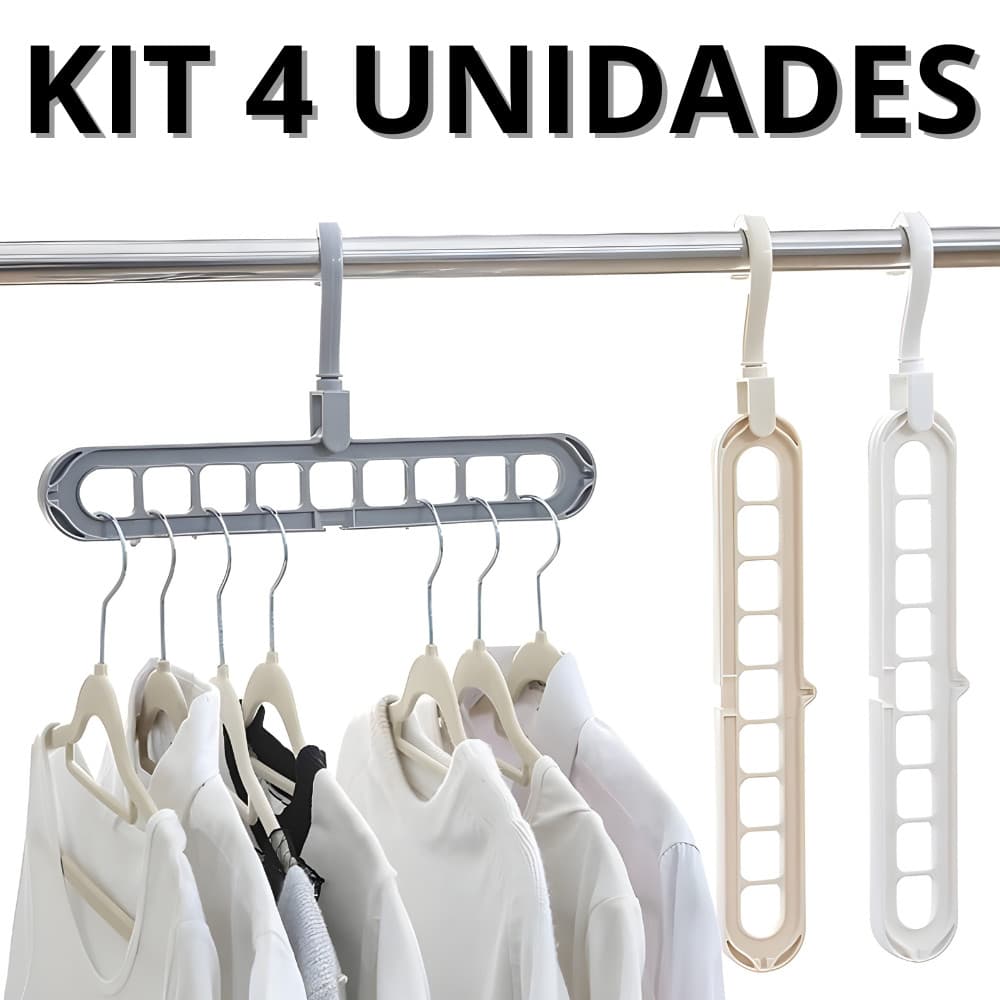 Kit 4 Cabides Mágico Organizador 9 Furos Multi-Dobrável Cabideiro Varios Furos