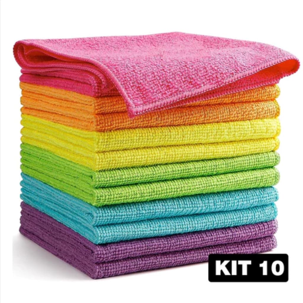 Kit 10 Panos Microfibra 25x25 Limpeza Toalha de Microfibra Multiuso