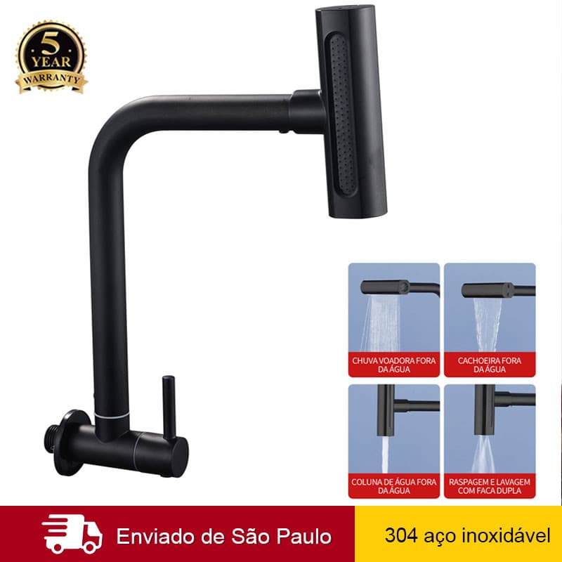 Torneira De Cozinha Água 4 Jatos montada na Parede Torneira Gourmet Aço Inox 304 Com Spray