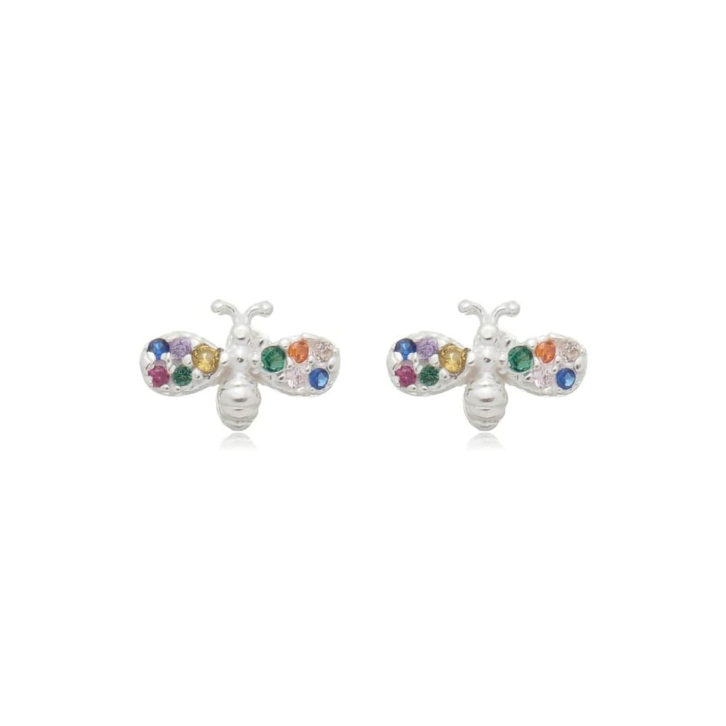 Brinco Abelha Prata 925 Cravejado com Zircônia Colorida