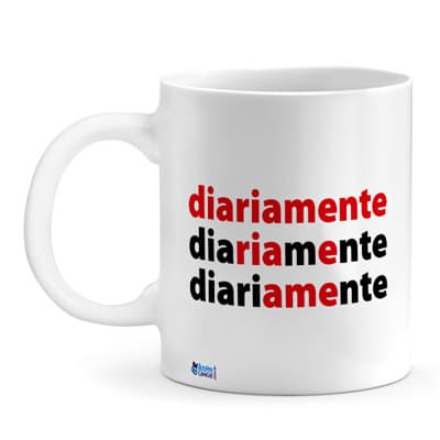 Caneca com frase Diariamente Ria e Ame, em cerâmica branca 325ml, presente criativo