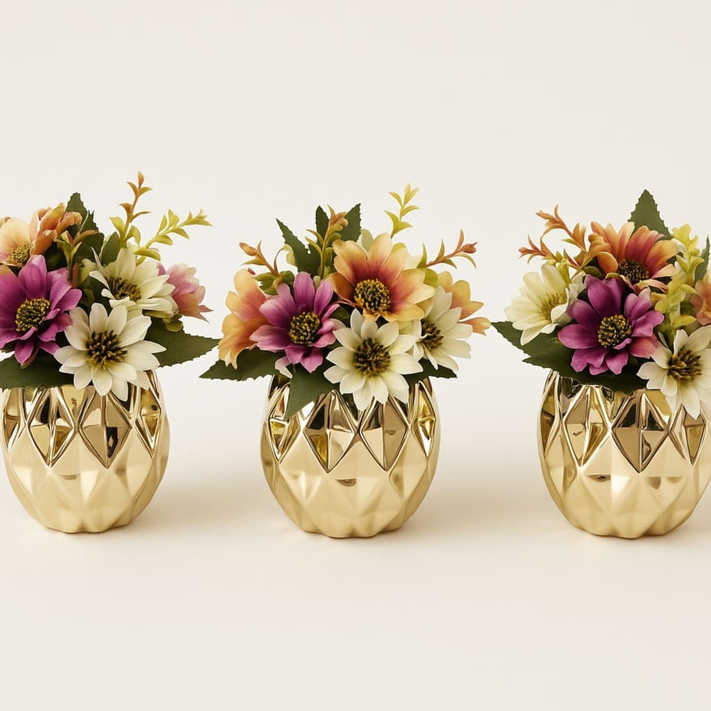 Decoração 3 Mini Vasinhos Cerâmica e Flor Artificial Enfeite
