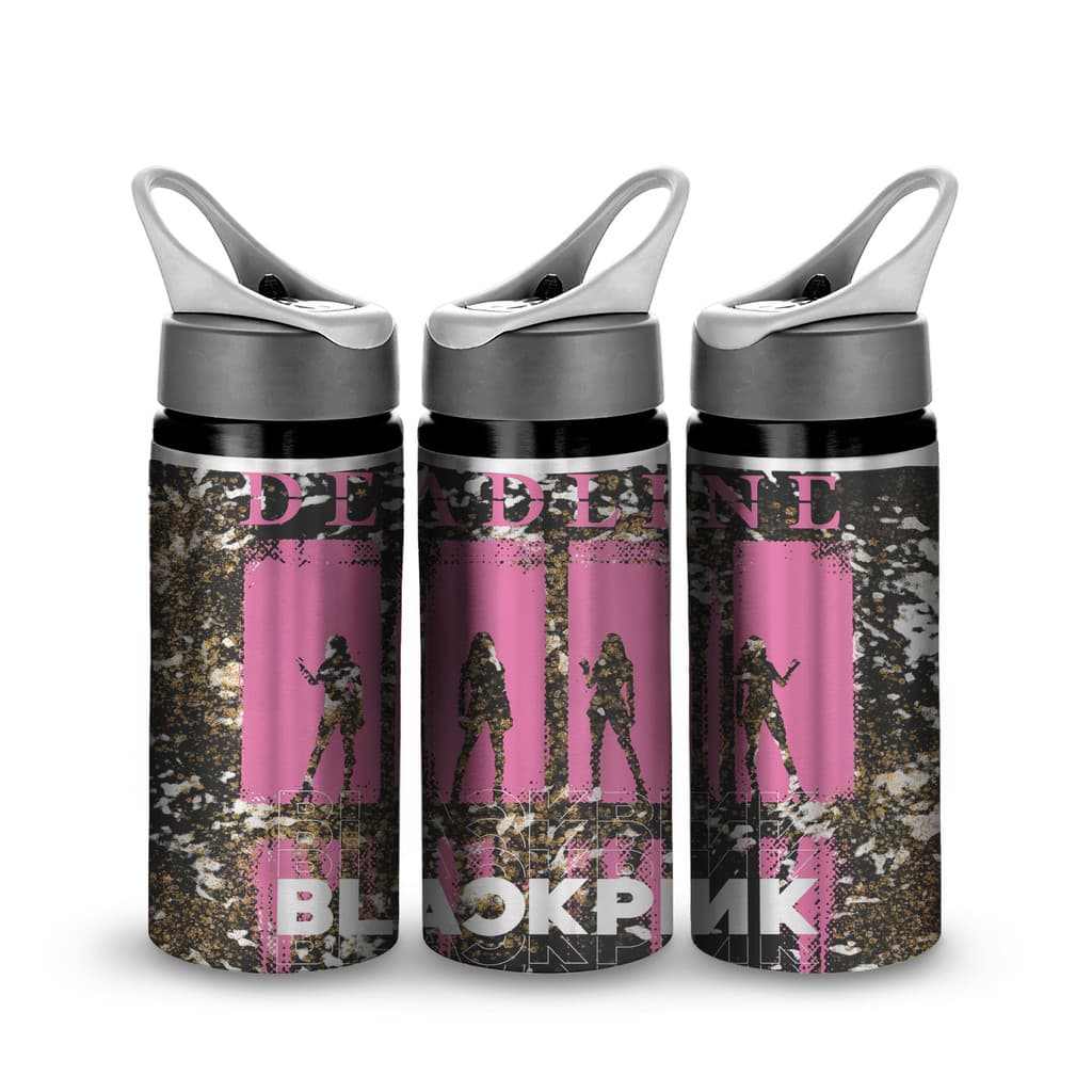 Garrafa BlackPink Prata Brilhante com Bico e Canudo 600ml