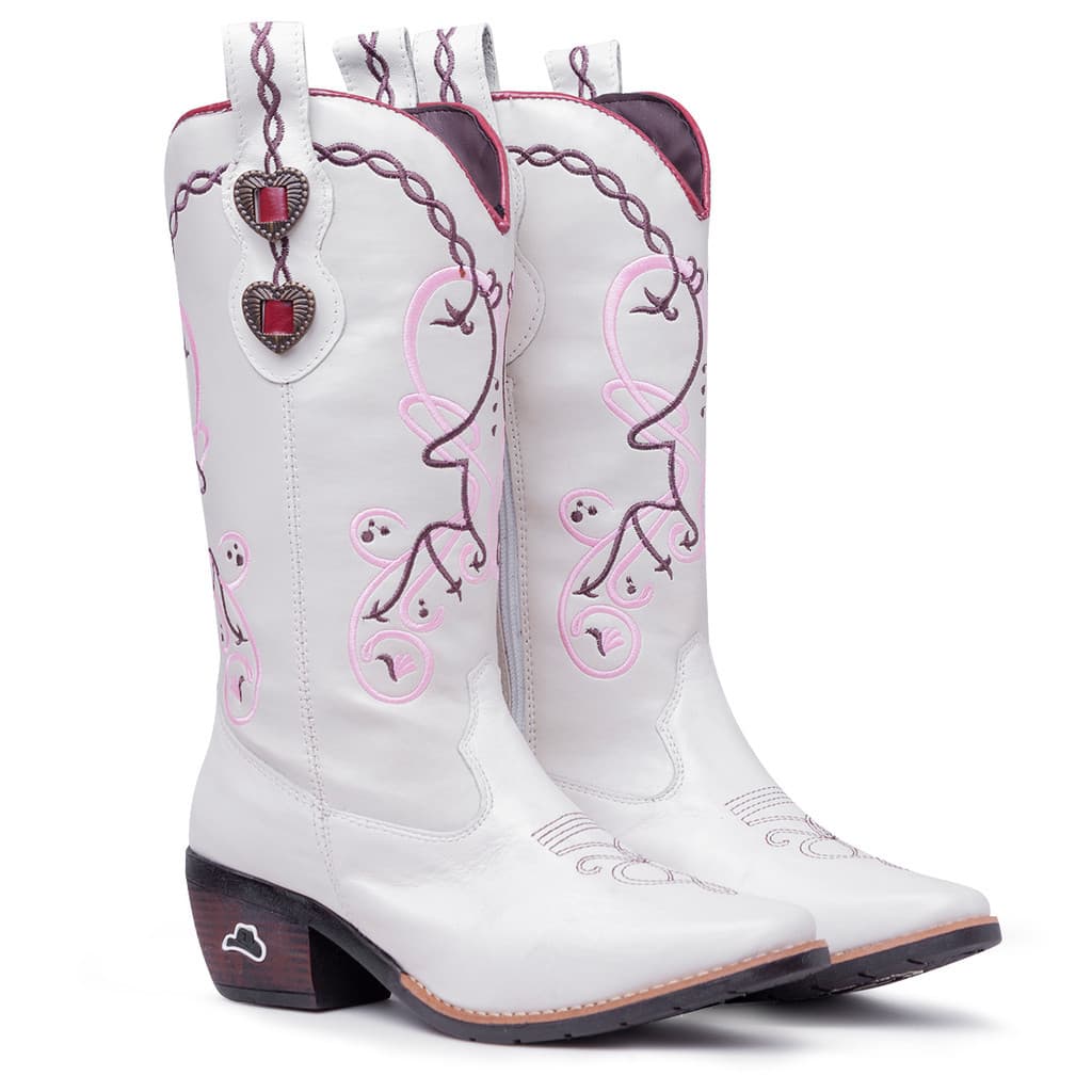 Bota Texana Branca Couro Legítimo Feminina Country Bordada Western Mustang Alta Qualidade e Conforto